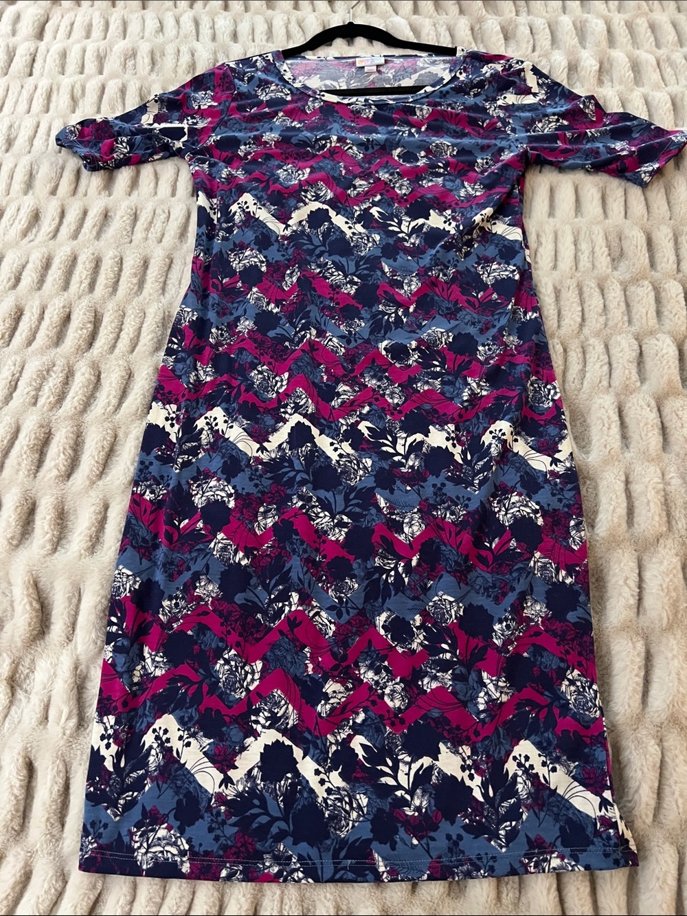 LuLaRoe Julia Women's Midi Dress in Navy, Berry & Cream Chevron Floral
